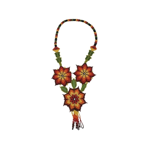 Handmade Huichol Beaded Necklace Sunflower Design Mexican Folk Art Jewelry - Picture 2 of 5